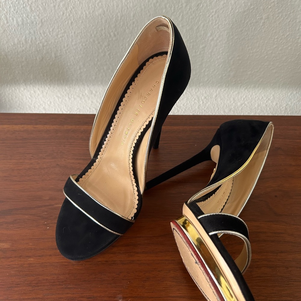 Charlotte Olympia Christine Open Toe Sandals in Black Suede
